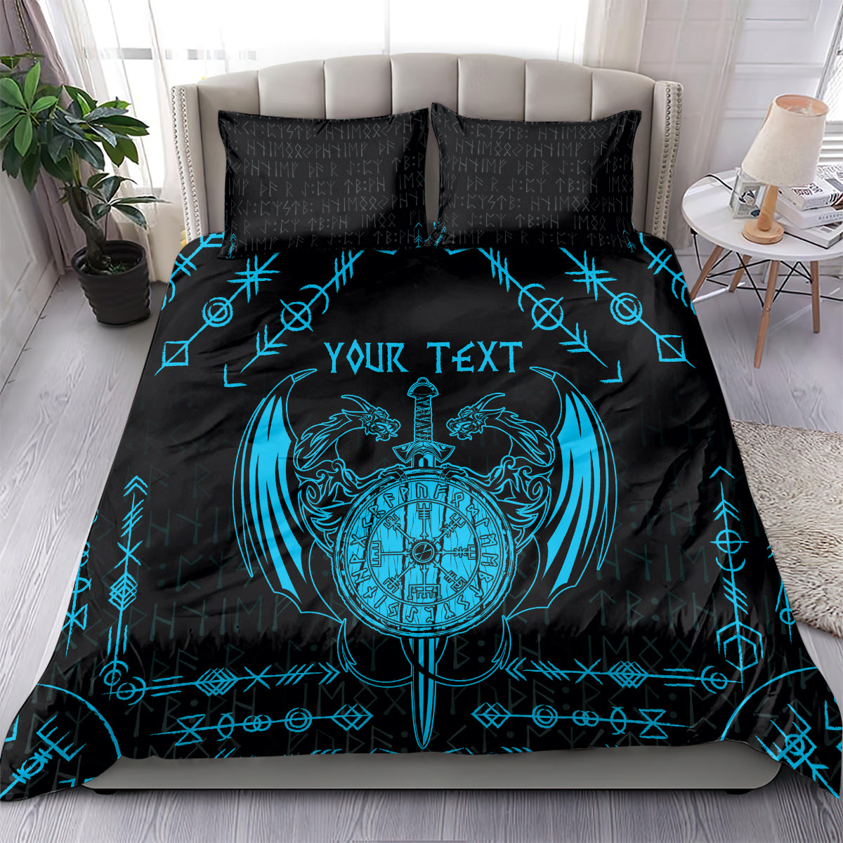 Black duvet set with blue Viking dragon emblem, rune border, and matching black pillowcases