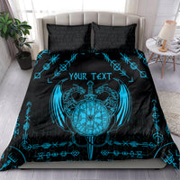 Black duvet set with blue Viking dragon emblem, rune border, and matching black pillowcases