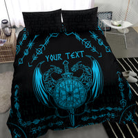 Black duvet set with blue Viking emblem and rune pattern, plus matching black pillowcases