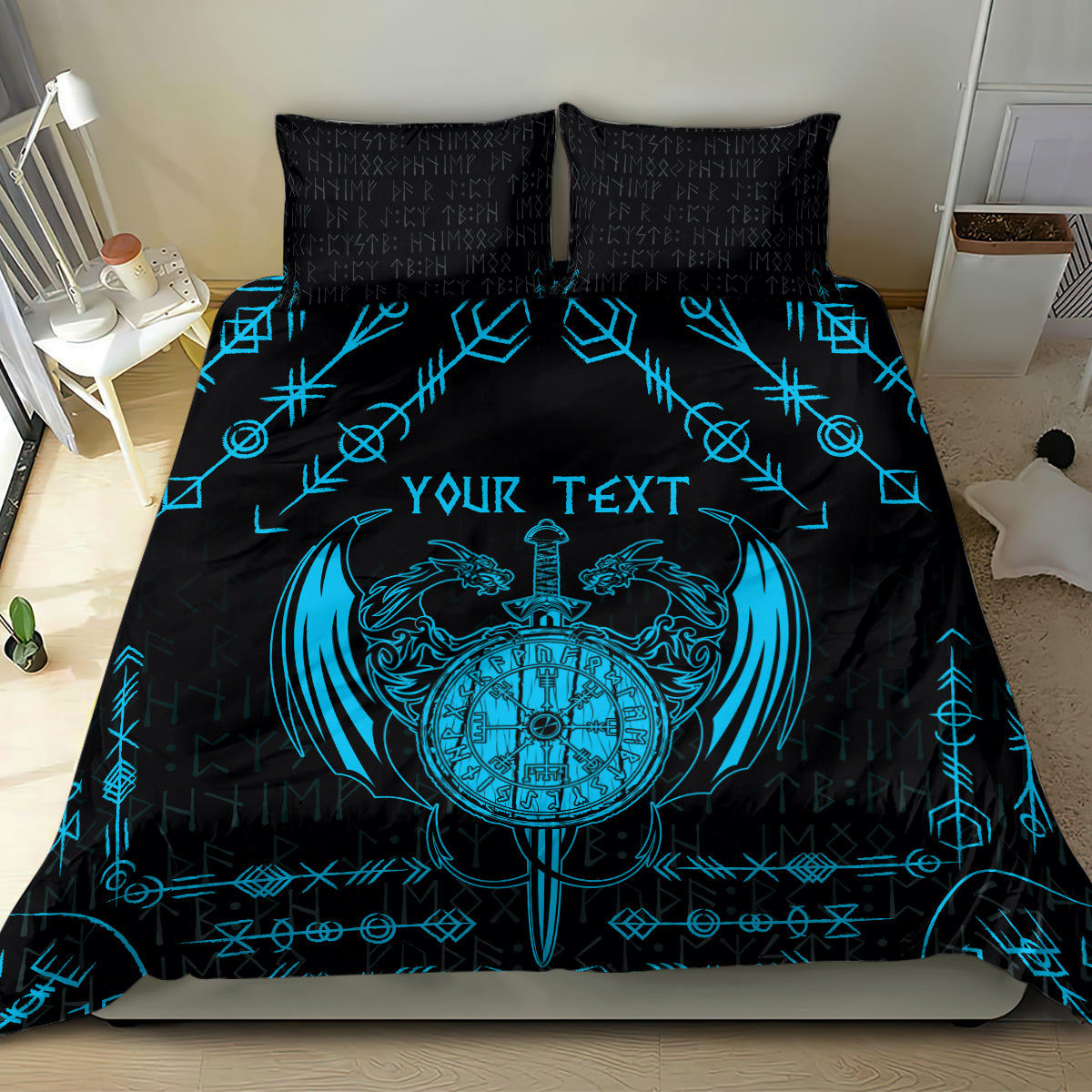 Black duvet featuring blue Viking dragon emblem and rune border, with matching black pillowcases
