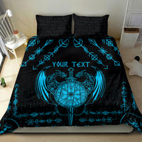 Black duvet featuring blue Viking dragon emblem and rune border, with matching black pillowcases