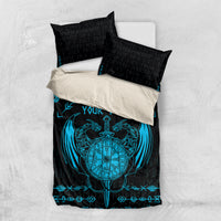 Black-and-blue Viking dragon bedding set with rune design and matching black pillowcases