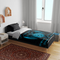 Blue Viking dragon duvet design on black bedding set with matching black pillowcases
