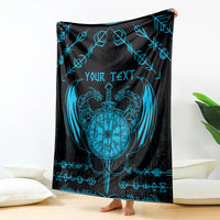 Black blanket with blue dragon-sword emblem, geometric rune border, and your text panel