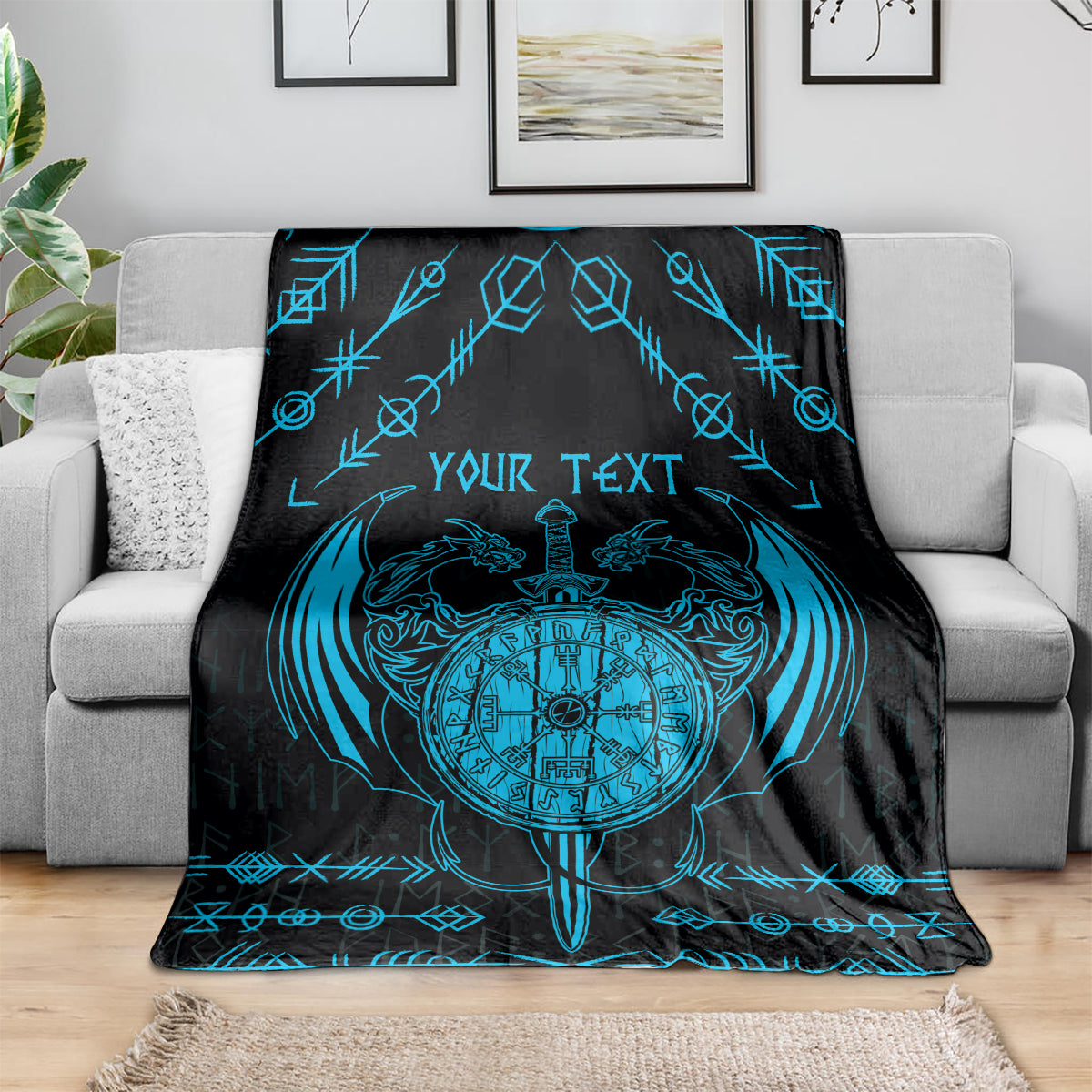 Black throw blanket with blue Viking dragon crest, sword emblem, and space for your text