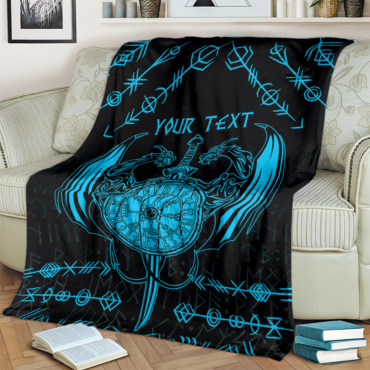 Black throw blanket featuring a blue dragon crest with sword and your text across the center