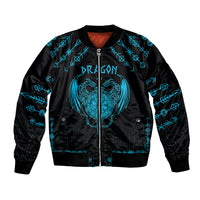 Black bomber jacket with blue dragon graphic and full front zipper