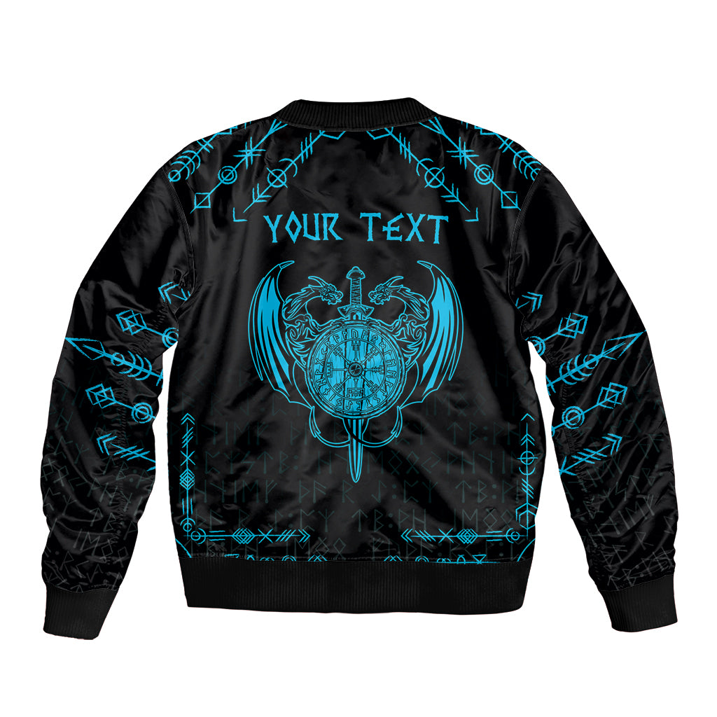 Black bomber jacket with blue dragon emblem and 'YOUR TEXT' back print