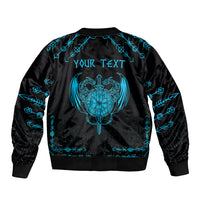 Black bomber jacket with blue dragon emblem and 'YOUR TEXT' back print