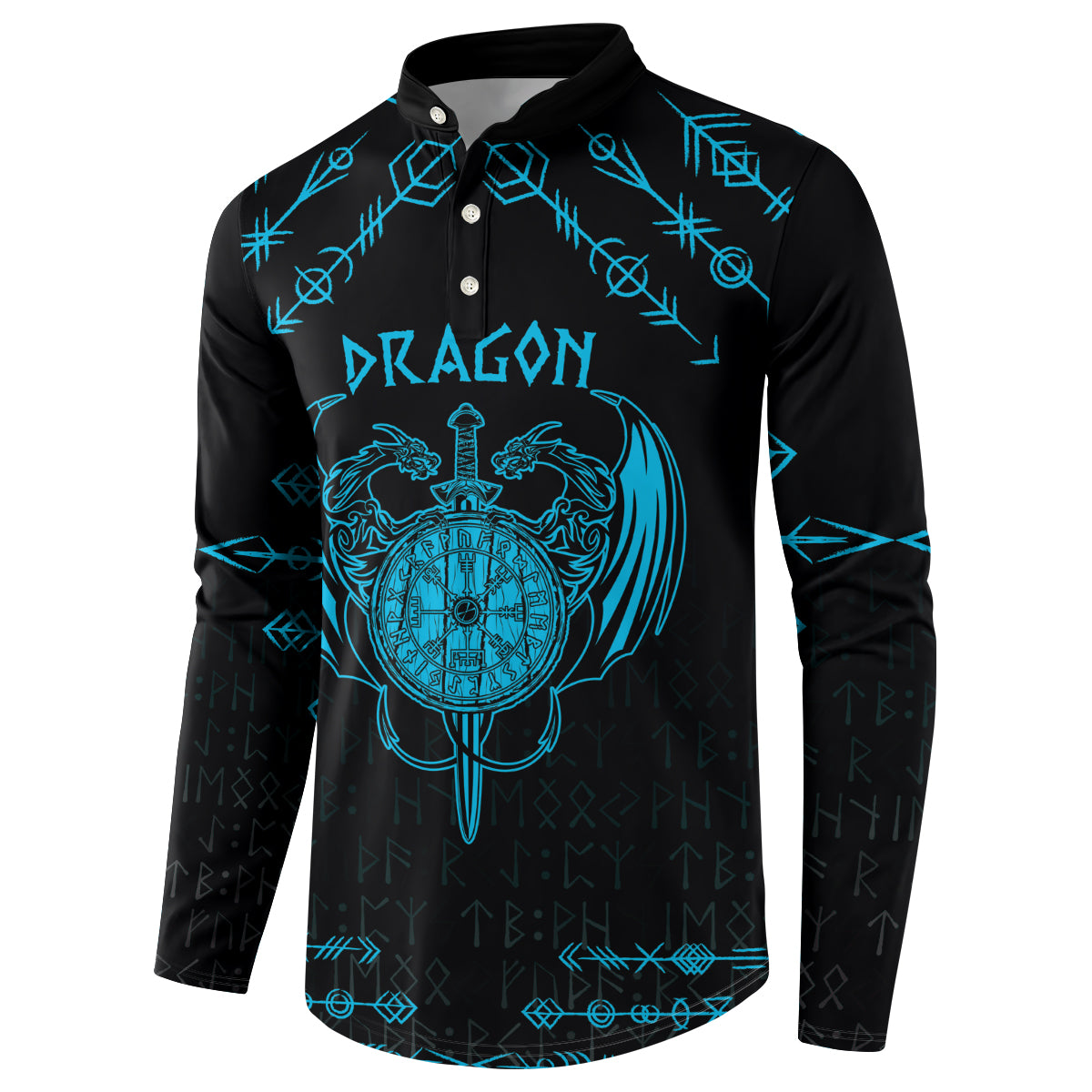 Personalized dragon button sweatshirt, black with blue Nordic tattoo graphic front view