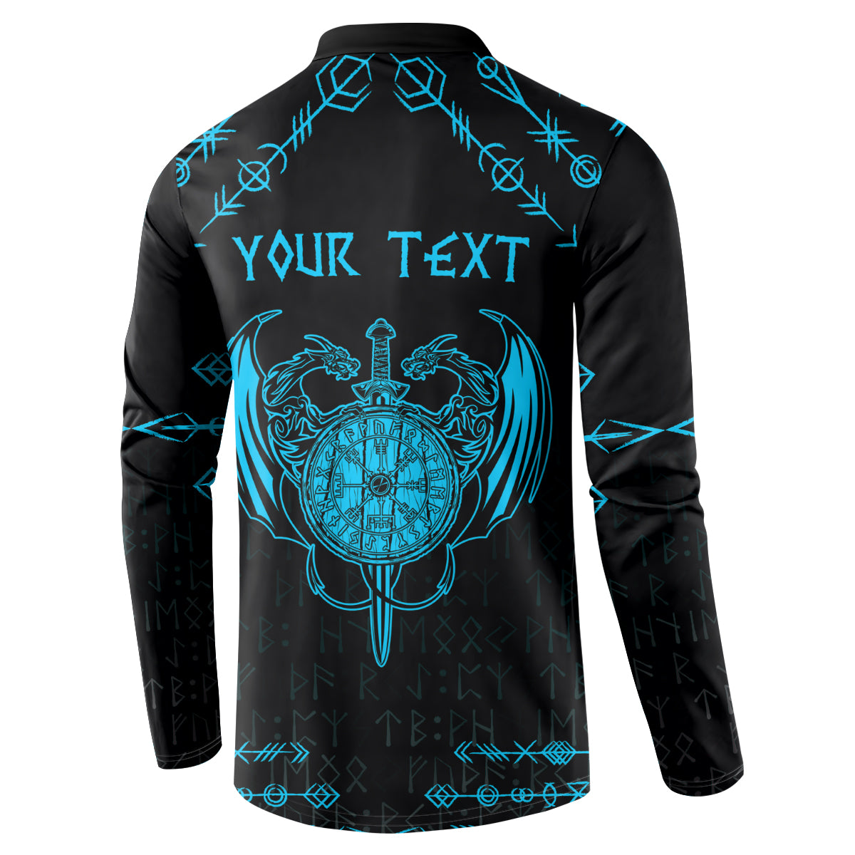 Personalized dragon button sweatshirt, black with blue Nordic tattoo and “YOUR TEXT” back