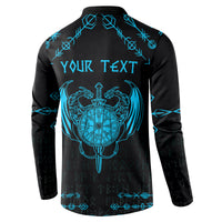 Personalized dragon button sweatshirt, black with blue Nordic tattoo and “YOUR TEXT” back