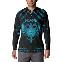 Men's dragon button sweatshirt, black with blue Nordic tattoo front graphic