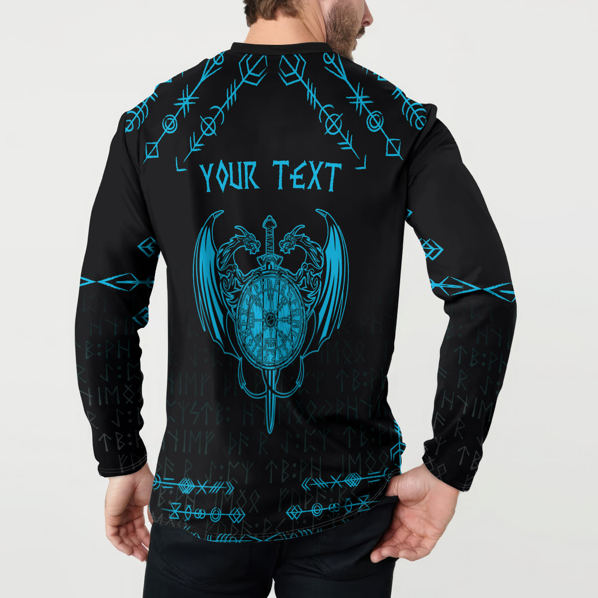 Men's dragon button sweatshirt, black with blue Nordic tattoo and “YOUR TEXT” back