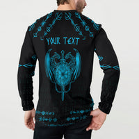 Men's dragon button sweatshirt, black with blue Nordic tattoo and “YOUR TEXT” back