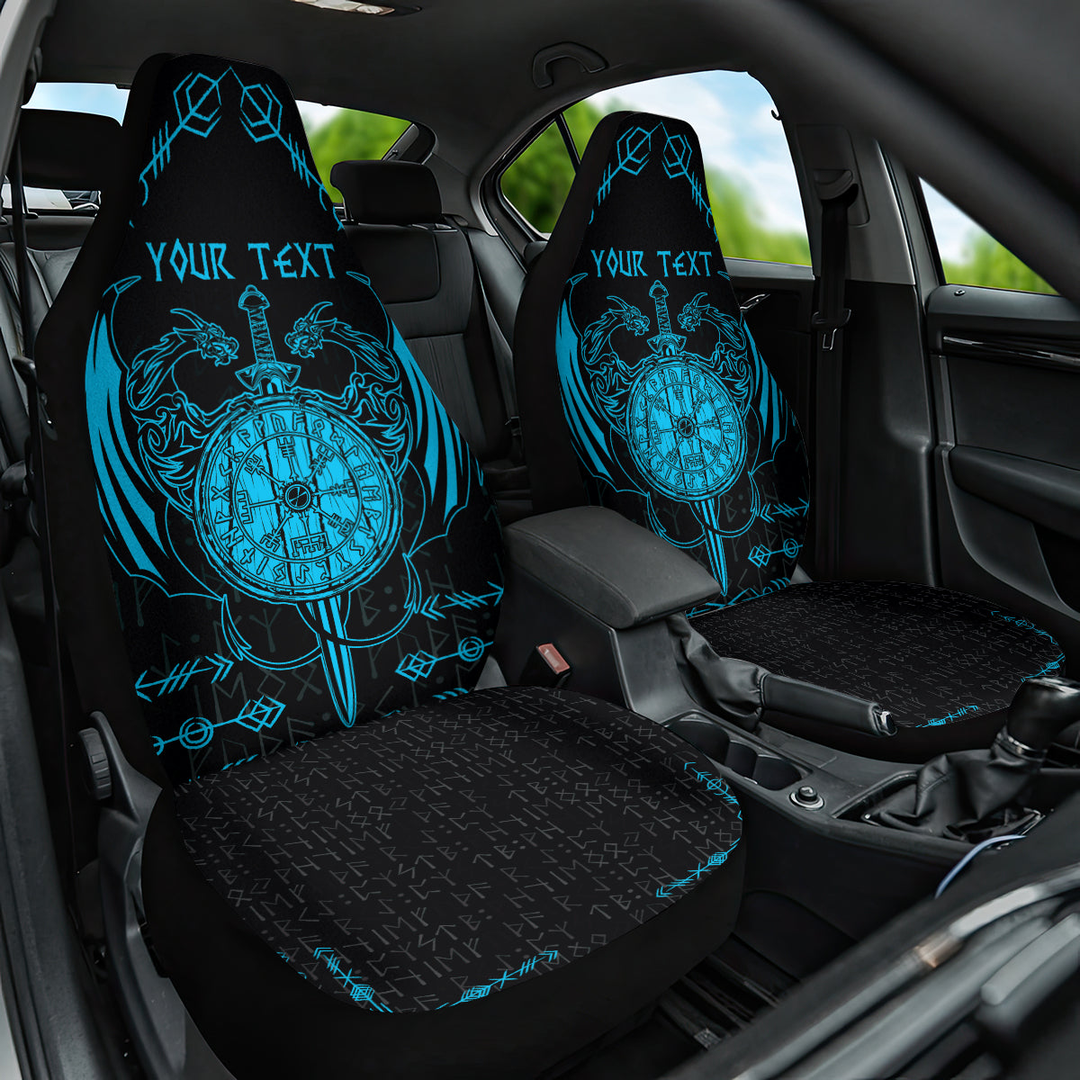 Personalized Viking Dragon Car Seat Cover with Sword Blue Scandinavian Tattoo LT9 - Wonder Print Shop