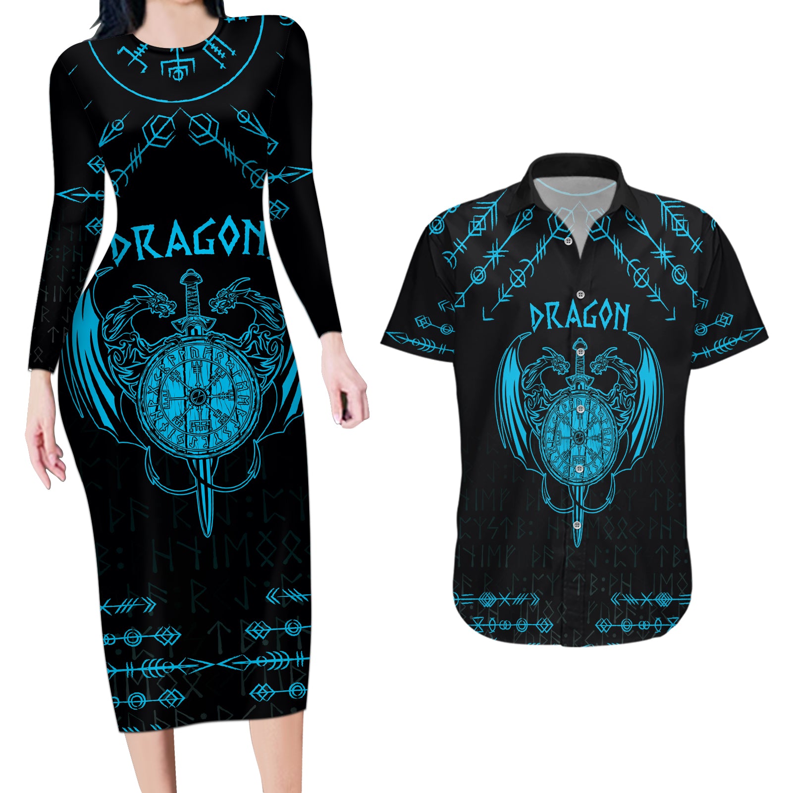 Personalized Viking Dragon Couples Matching Long Sleeve Bodycon Dress and Hawaiian Shirt with Sword Blue Scandinavian Tattoo LT9 - Wonder Print Shop