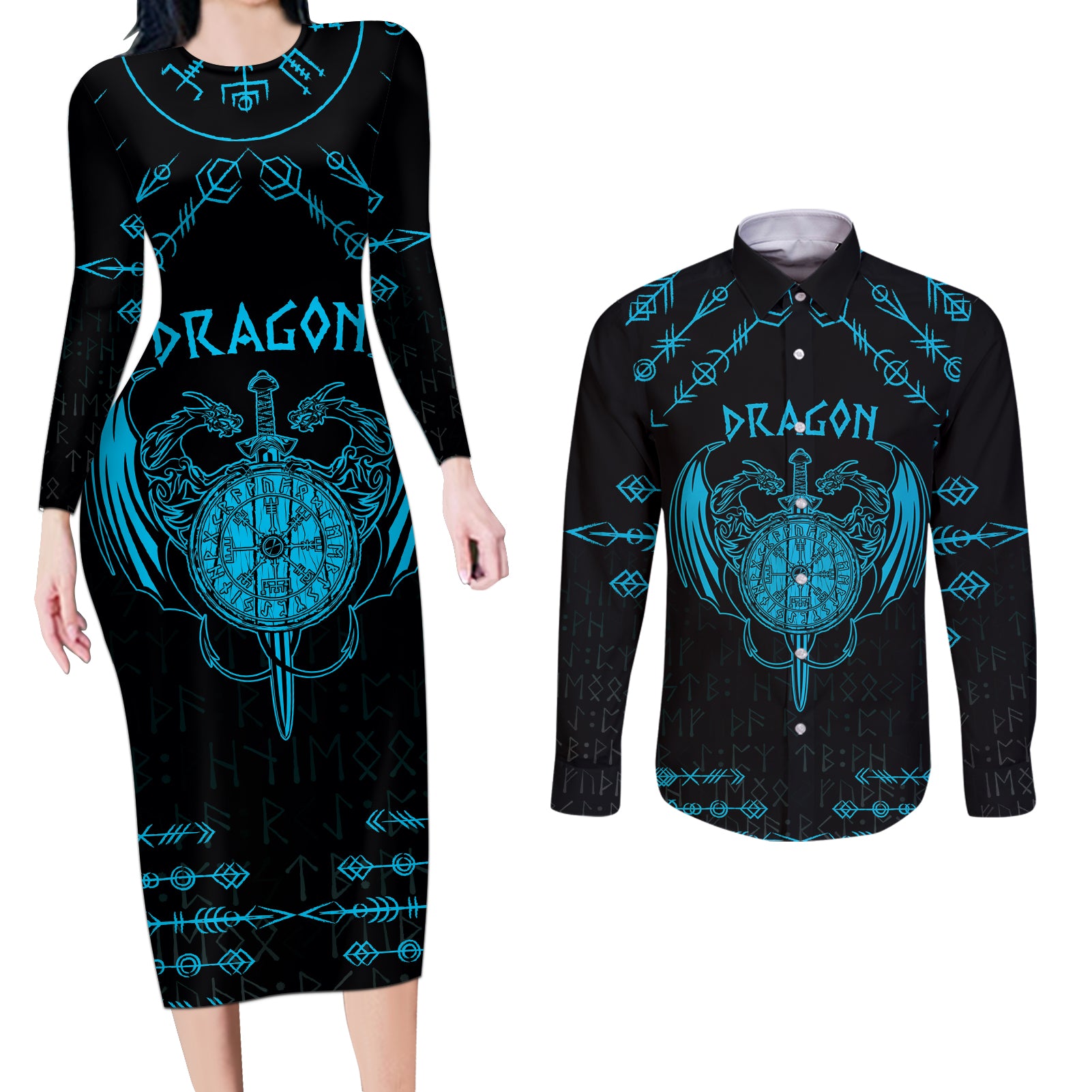 Personalized Viking Dragon Couples Matching Long Sleeve Bodycon Dress and Long Sleeve Button Shirt with Sword Blue Scandinavian Tattoo LT9 - Wonder Print Shop