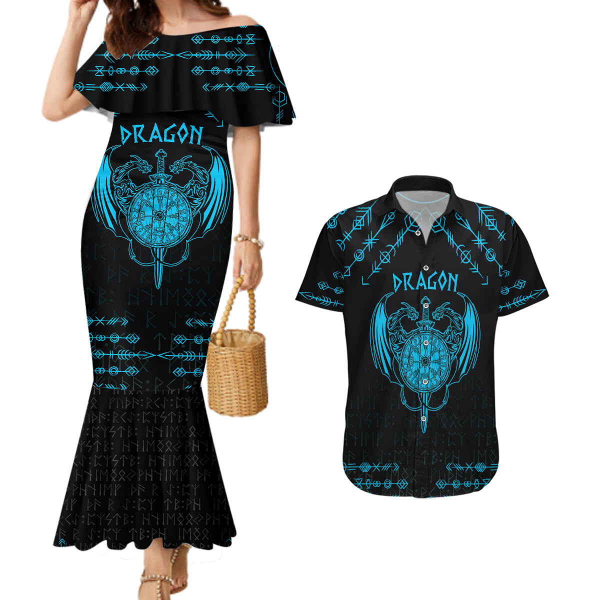 Personalized Viking Dragon Couples Matching Mermaid Dress and Hawaiian Shirt with Sword Blue Scandinavian Tattoo LT9 - Wonder Print Shop