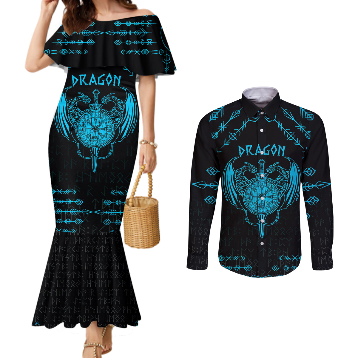 Personalized Viking Dragon Couples Matching Mermaid Dress and Long Sleeve Button Shirt with Sword Blue Scandinavian Tattoo