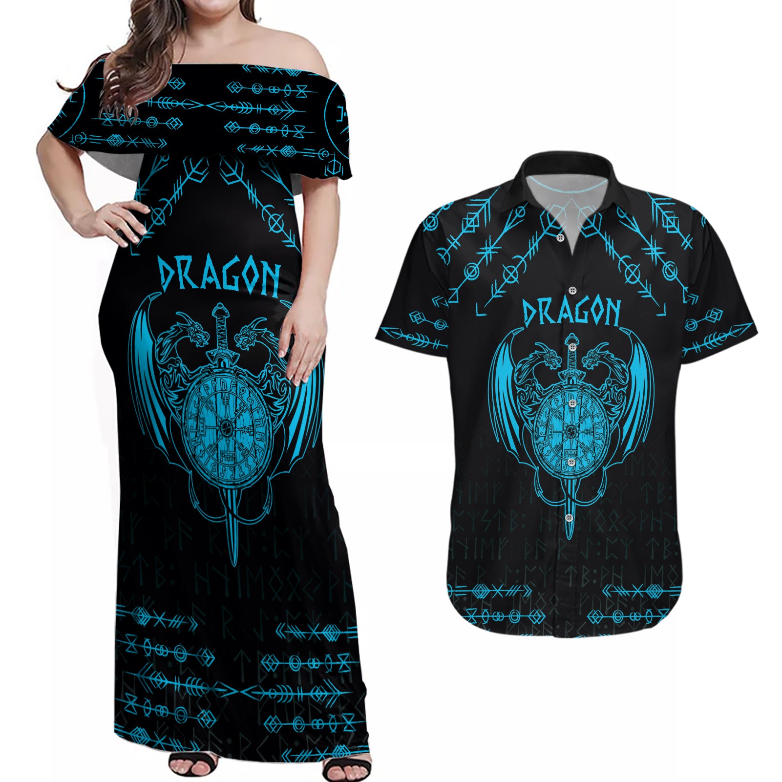 Personalized Viking Dragon Couples Matching Off Shoulder Maxi Dress and Hawaiian Shirt with Sword Blue Scandinavian Tattoo LT9 - Wonder Print Shop