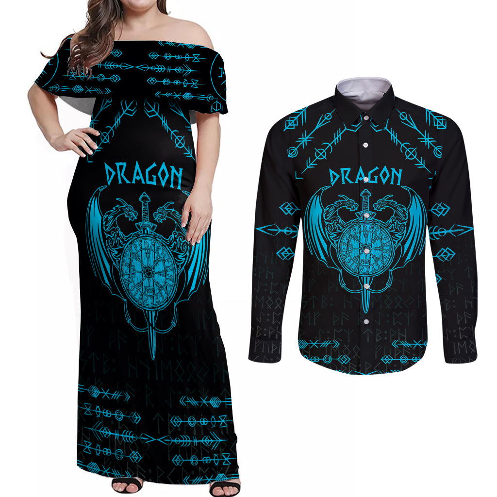 Personalized Viking Dragon Couples Matching Off Shoulder Maxi Dress and Long Sleeve Button Shirt with Sword Blue Scandinavian Tattoo LT9 - Wonder Print Shop