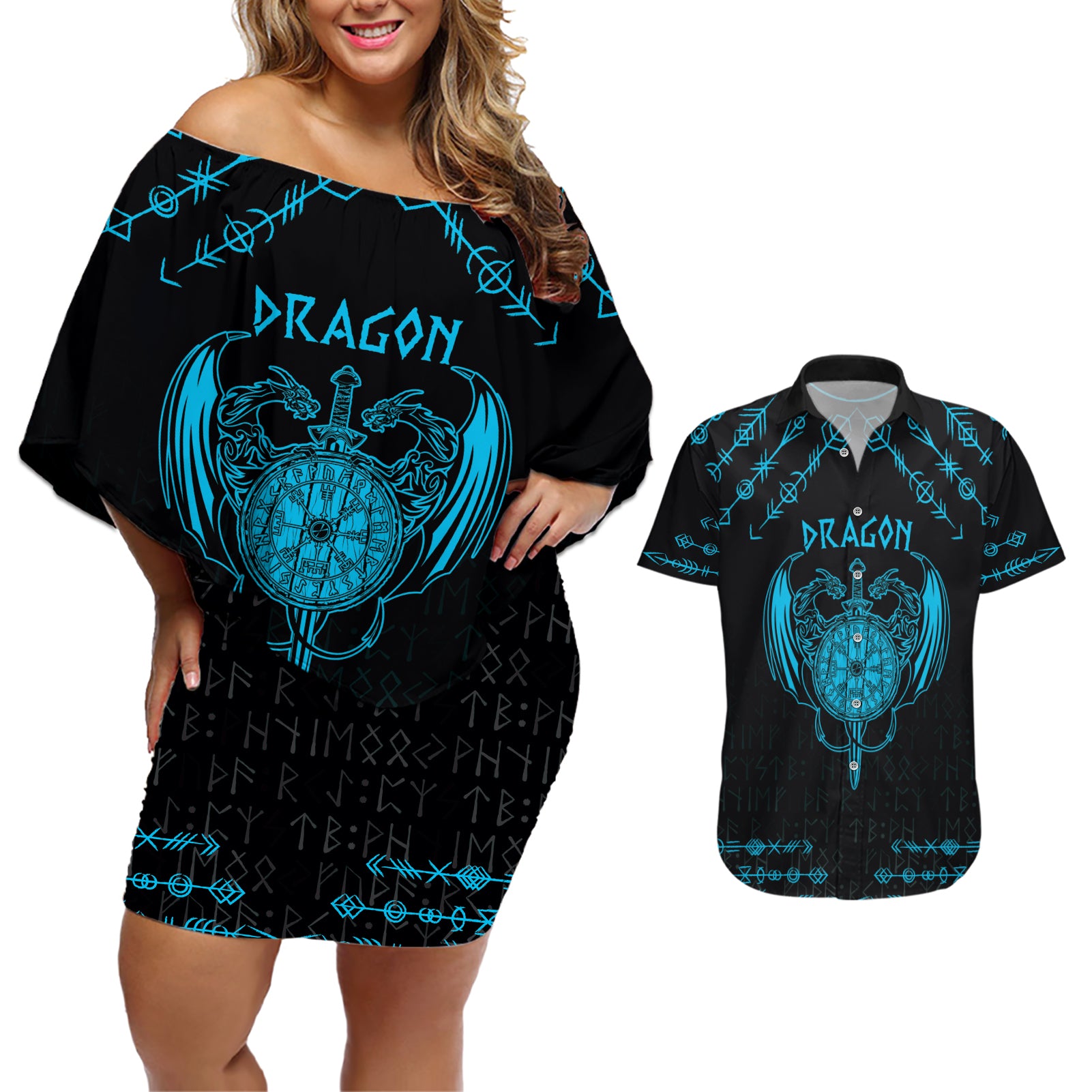 Personalized Viking Dragon Couples Matching Off Shoulder Short Dress and Hawaiian Shirt with Sword Blue Scandinavian Tattoo LT9 - Wonder Print Shop