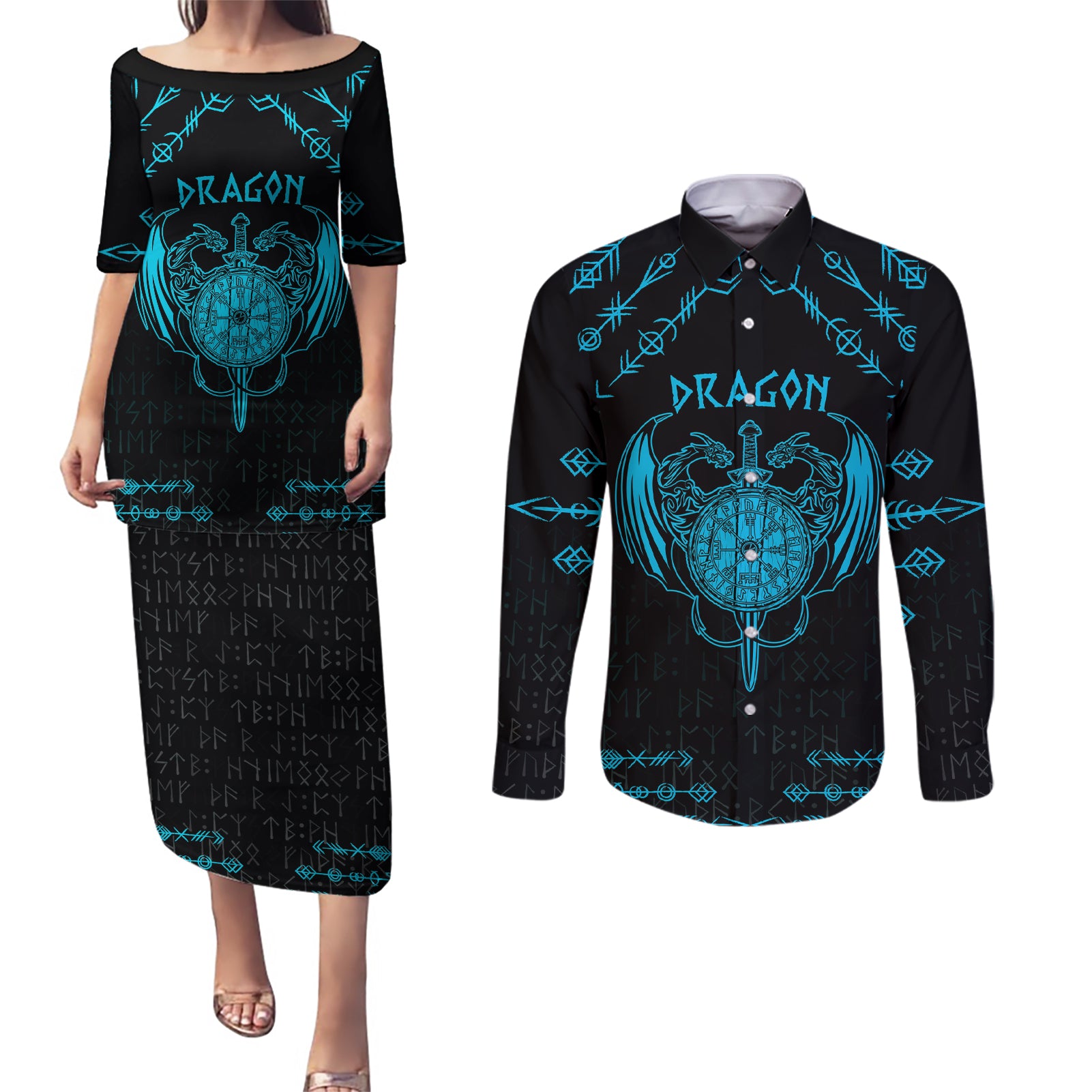 Personalized Viking Dragon Couples Matching Puletasi and Long Sleeve Button Shirt with Sword Blue Scandinavian Tattoo LT9 - Wonder Print Shop