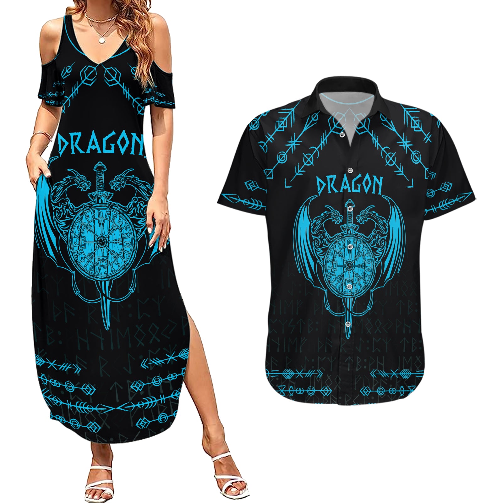 Personalized Viking Dragon Couples Matching Summer Maxi Dress and Hawaiian Shirt with Sword Blue Scandinavian Tattoo LT9 - Wonder Print Shop