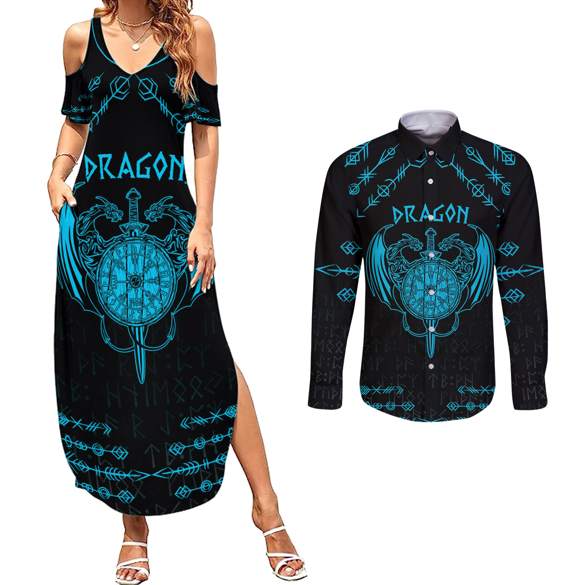 Personalized Viking Dragon Couples Matching Summer Maxi Dress and Long Sleeve Button Shirt with Sword Blue Scandinavian Tattoo LT9 - Wonder Print Shop