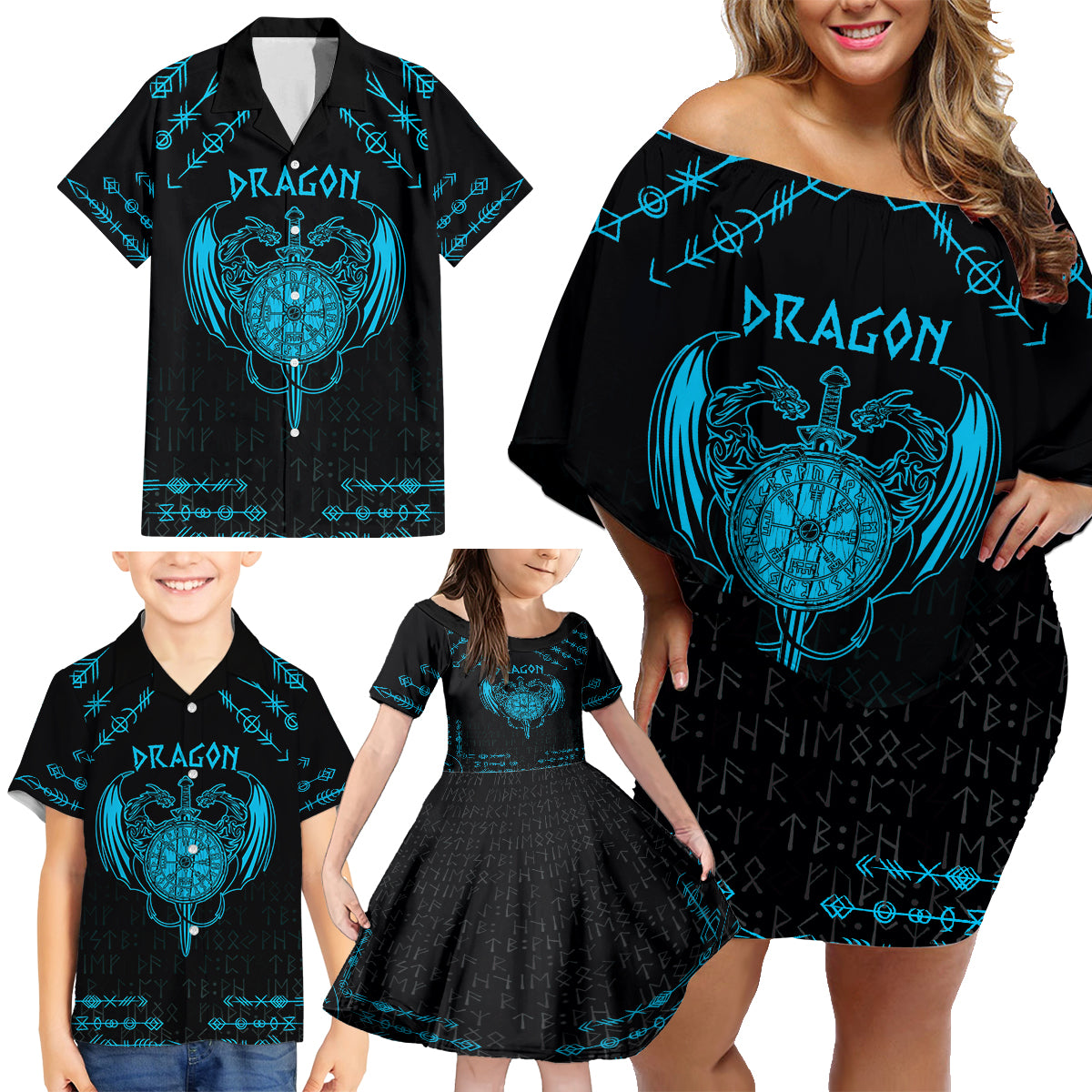 Personalized Viking Dragon Family Matching Off Shoulder Short Dress and Hawaiian Shirt with Sword Blue Scandinavian Tattoo LT9 - Wonder Print Shop