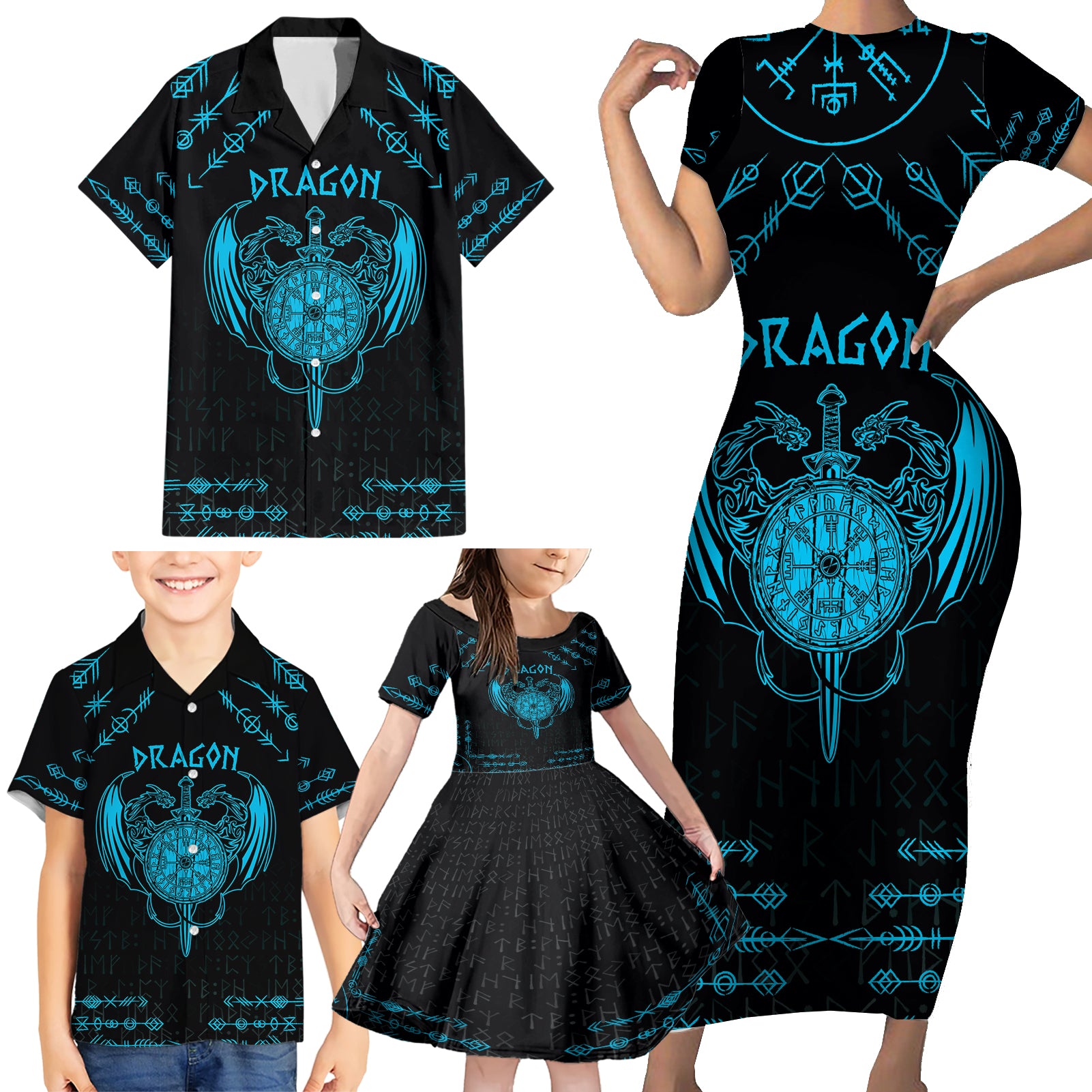 Personalized Viking Dragon Family Matching Short Sleeve Bodycon Dress and Hawaiian Shirt with Sword Blue Scandinavian Tattoo - Wonder Print Shop