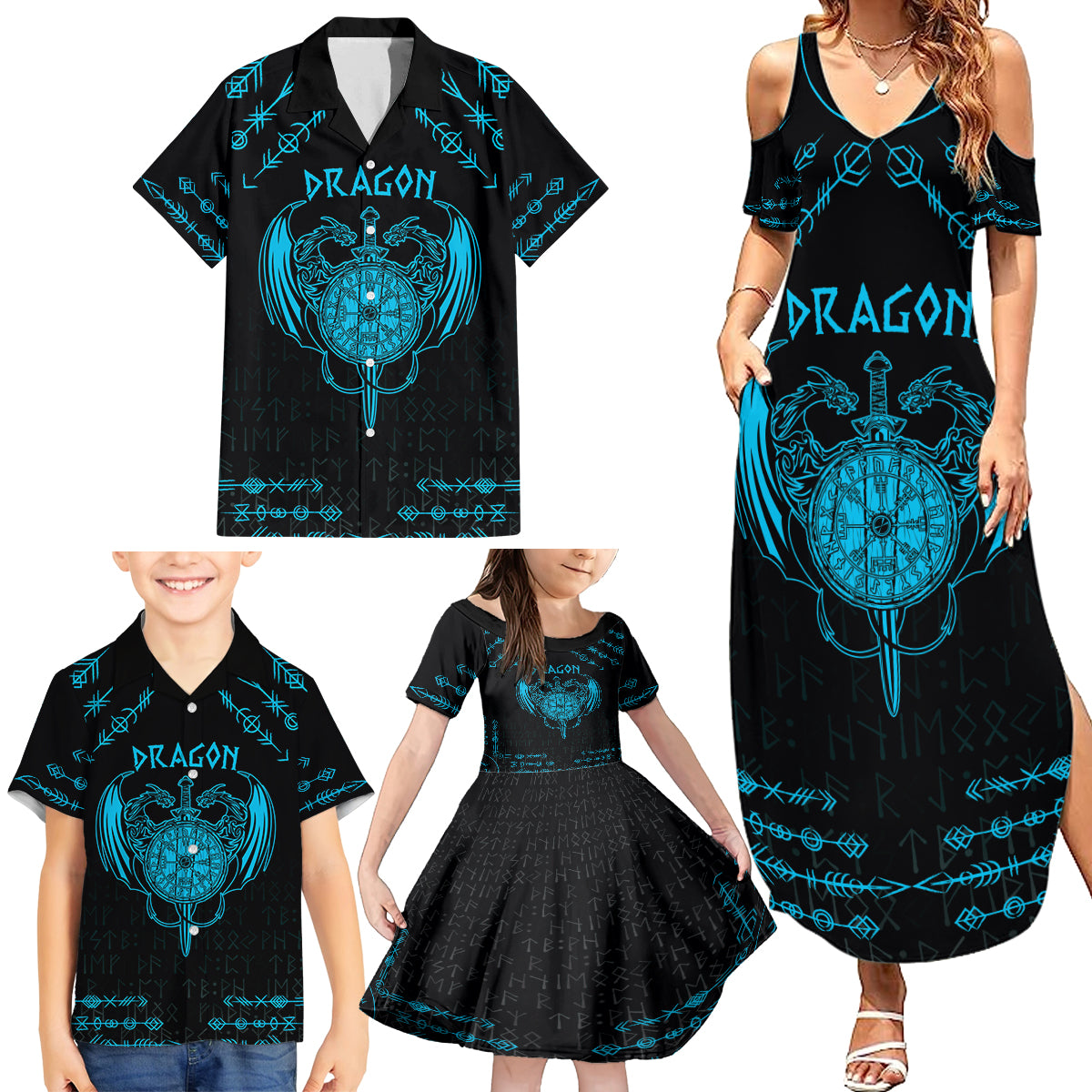 Personalized Viking Dragon Family Matching Summer Maxi Dress and Hawaiian Shirt with Sword Blue Scandinavian Tattoo - Wonder Print Shop