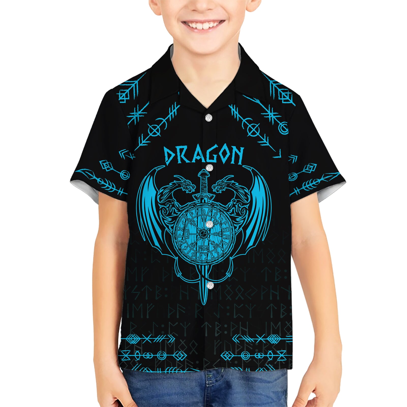 Personalized Viking Dragon Kid Hawaiian Shirt with Sword Blue Scandinavian Tattoo - Wonder Print Shop