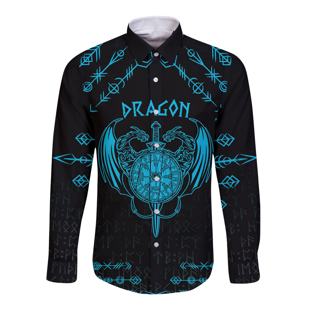 Personalized Viking Dragon Long Sleeve Button Shirt with Sword Blue Scandinavian Tattoo - Wonder Print Shop