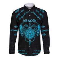 Black long-sleeve button shirt with blue dragon crest and rune-style symbols