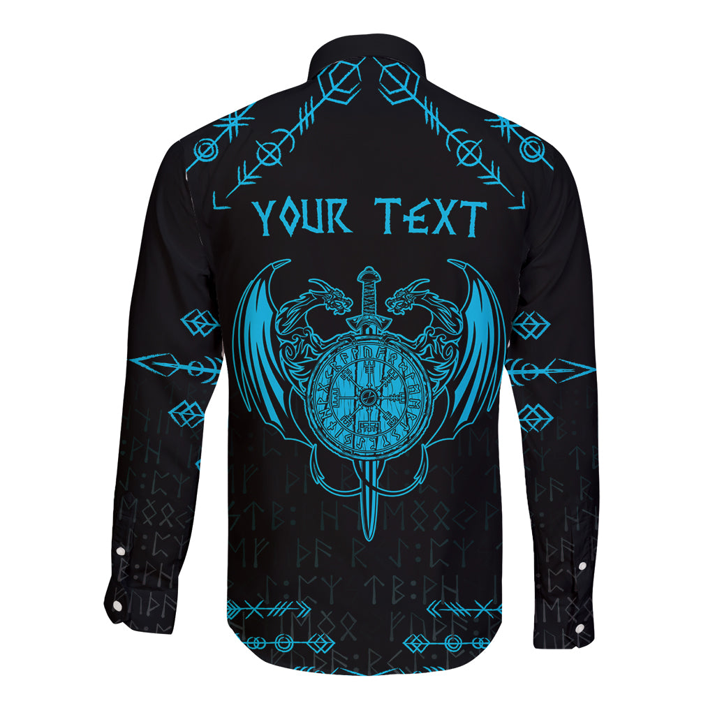 Black long-sleeve button shirt with blue dragon emblem and 'YOUR TEXT' on back