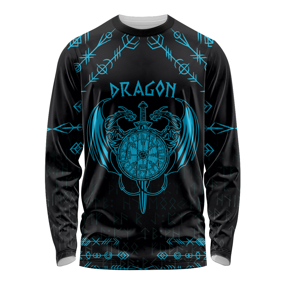 Personalized Viking Dragon Long Sleeve Shirt with Sword Blue Scandinavian Tattoo - Wonder Print Shop