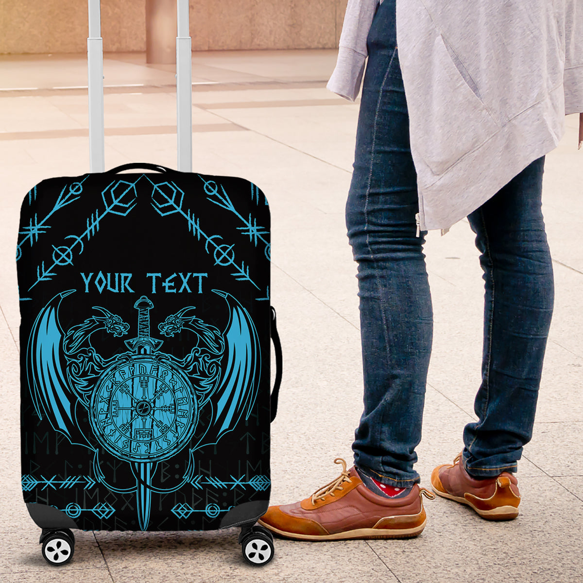 Personalized Viking Dragon Luggage Cover with Sword Blue Scandinavian Tattoo - Wonder Print Shop