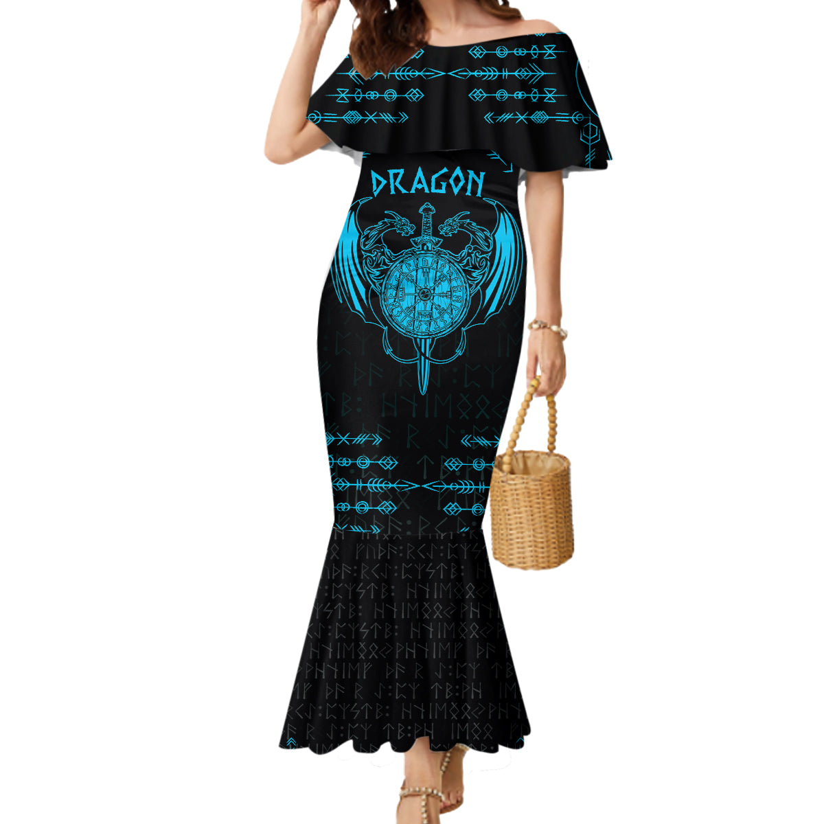 Personalized Viking Dragon Mermaid Dress with Sword Blue Scandinavian Tattoo - Wonder Print Shop