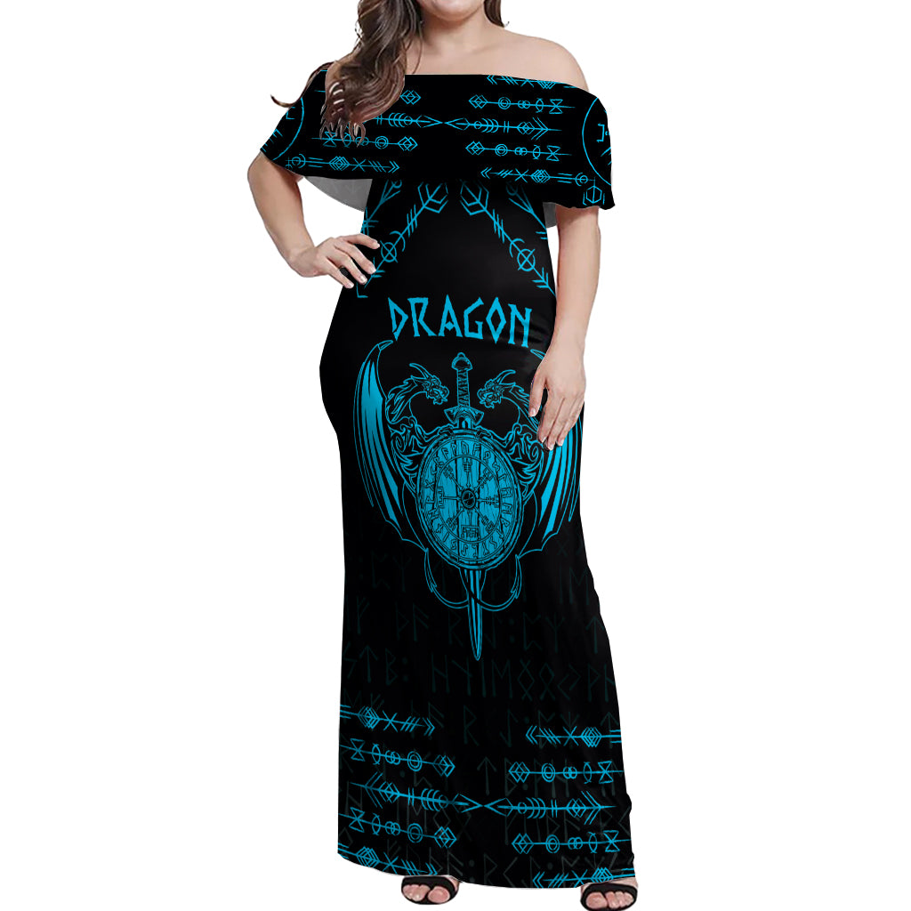 Personalized Viking Dragon Off Shoulder Maxi Dress with Sword Blue Scandinavian Tattoo - Wonder Print Shop