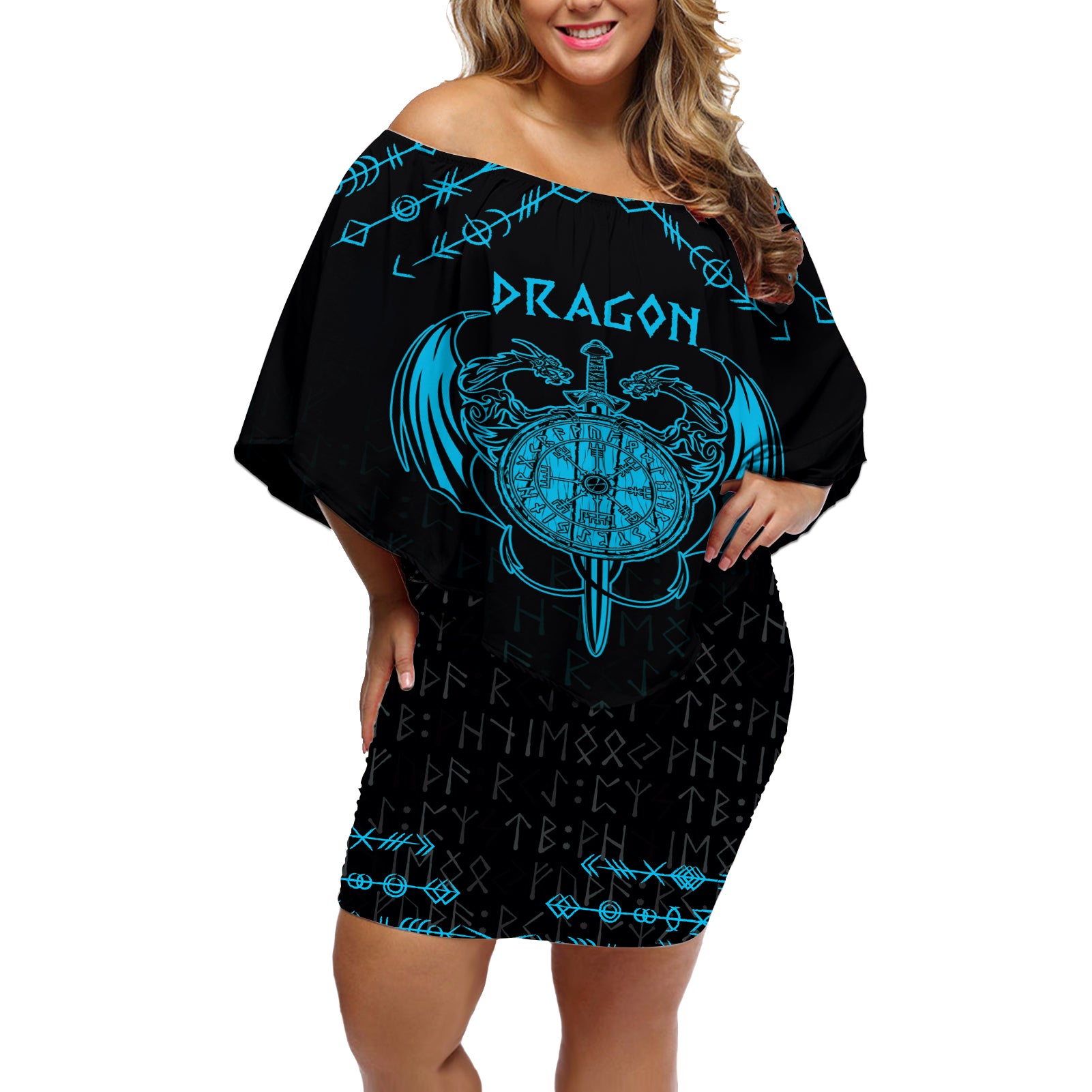 Personalized Viking Dragon Off Shoulder Short Dress with Sword Blue Scandinavian Tattoo - Wonder Print Shop