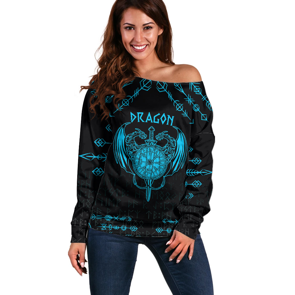 Personalized Viking Dragon Off Shoulder Sweater with Sword Blue Scandinavian Tattoo - Wonder Print Shop