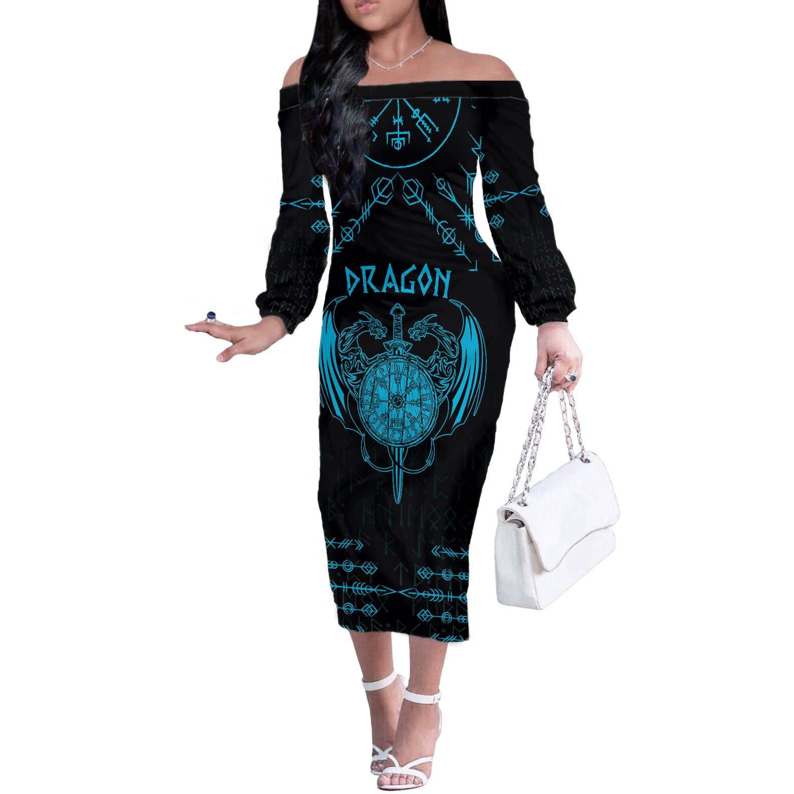 Personalized Viking Dragon Off The Shoulder Long Sleeve Dress with Sword Blue Scandinavian Tattoo - Wonder Print Shop