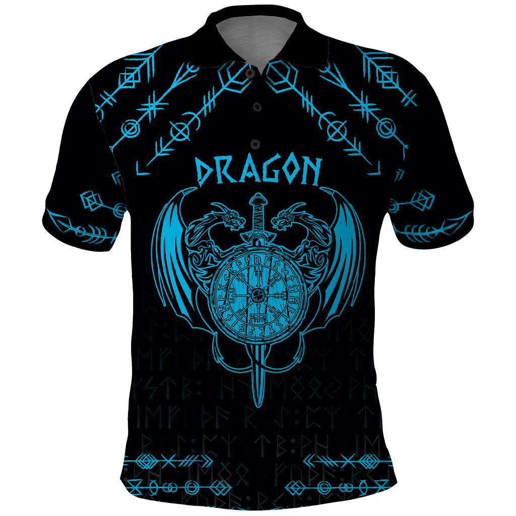 Personalized Viking Dragon Polo Shirt with Sword Blue Scandinavian Tattoo - Wonder Print Shop