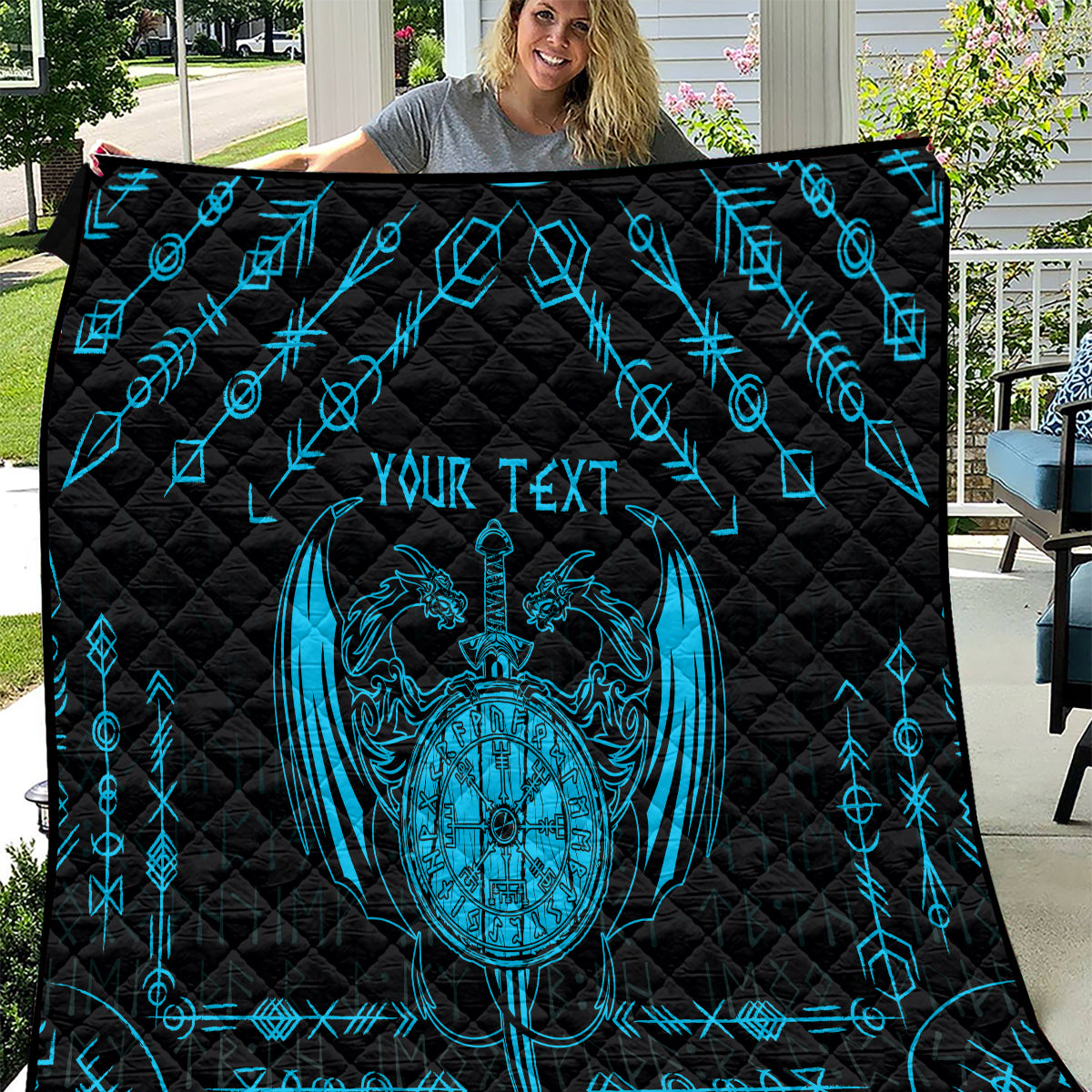 Personalized Viking Dragon Quilt with Sword Blue Scandinavian Tattoo