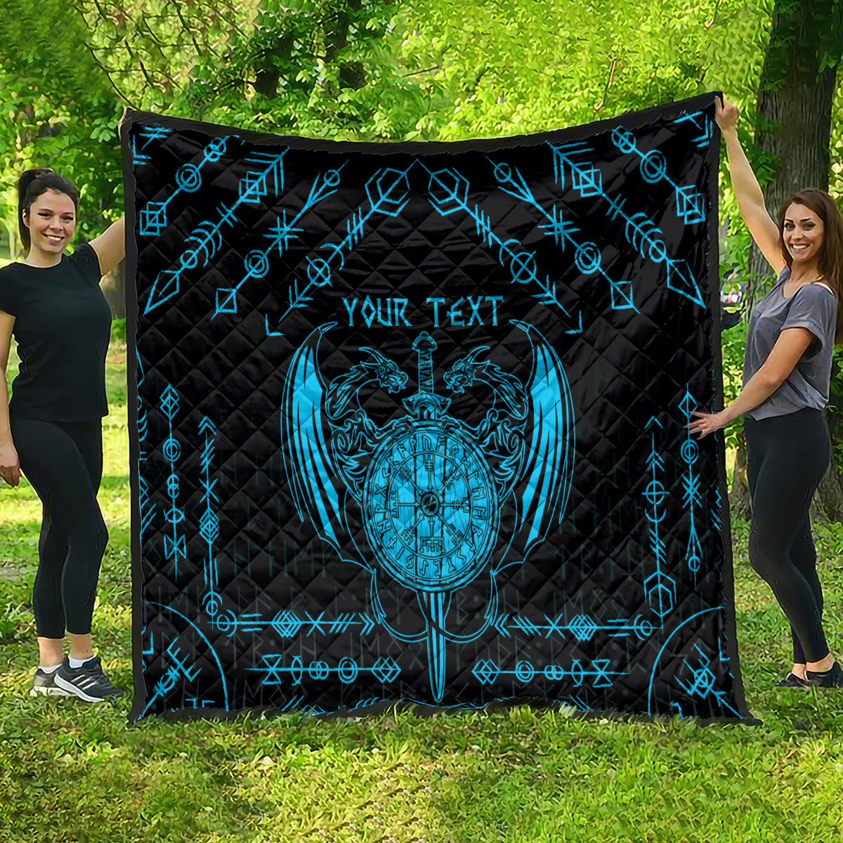 Black quilt with blue Viking crest and sword graphic, geometric lines, Your Text.