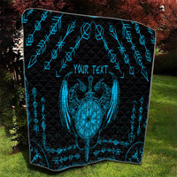 Black quilt with blue Viking heart shield and sword, geometric rune patterns, Your Text.