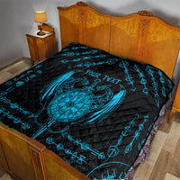 Black quilt on a bed with blue Viking shield-and-sword tattoo design and Your Text.