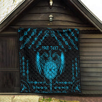 Black quilt featuring blue Viking crest, geometric runes, and Your Text.